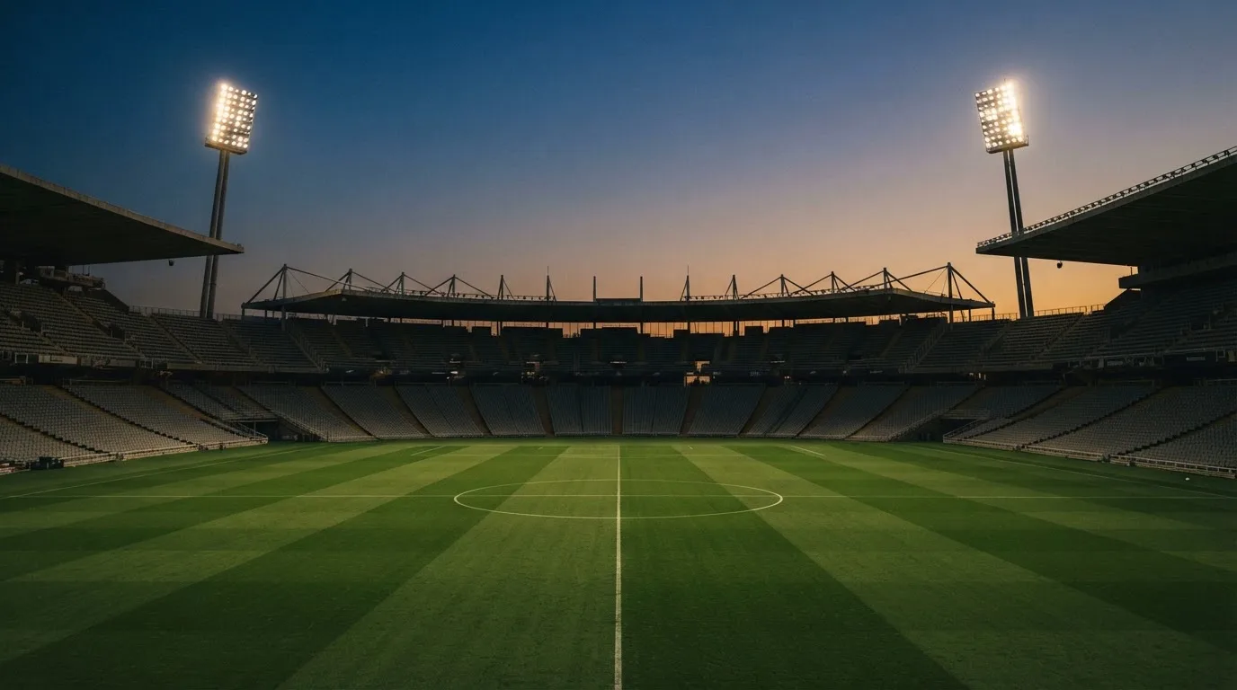 Een leeg voetbalstadion met lichtmasten bij schemering