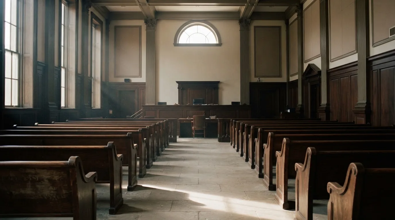 Een lege rechtszaal met houten banken in het ochtendlicht