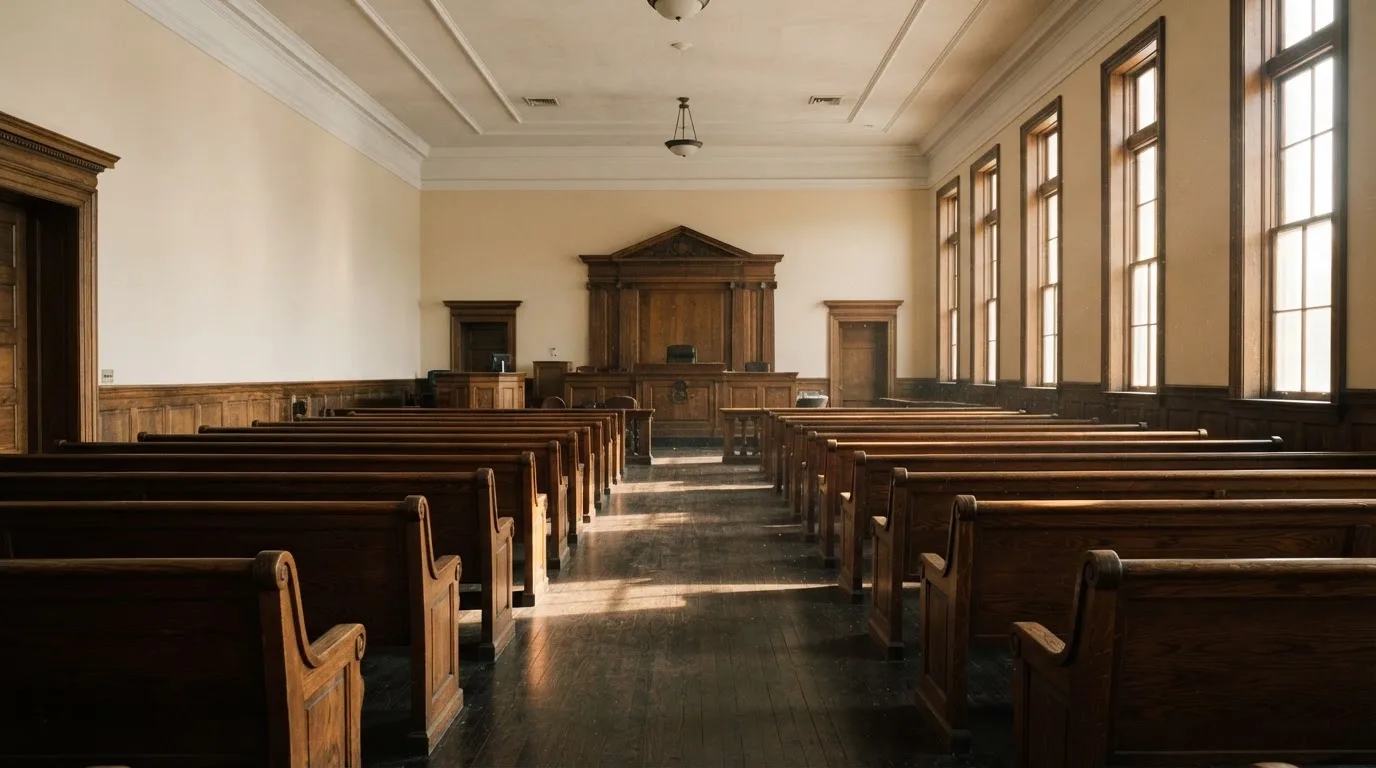 Een lege rechtszaal met houten banken in het ochtendlicht