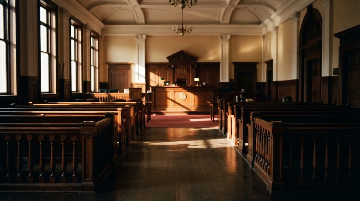 Een lege rechtszaal met houten banken in het ochtendlicht