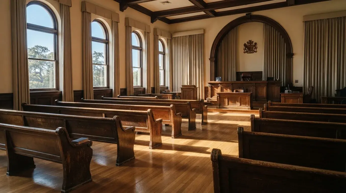 Een lege rechtszaal met houten banken in het ochtendlicht