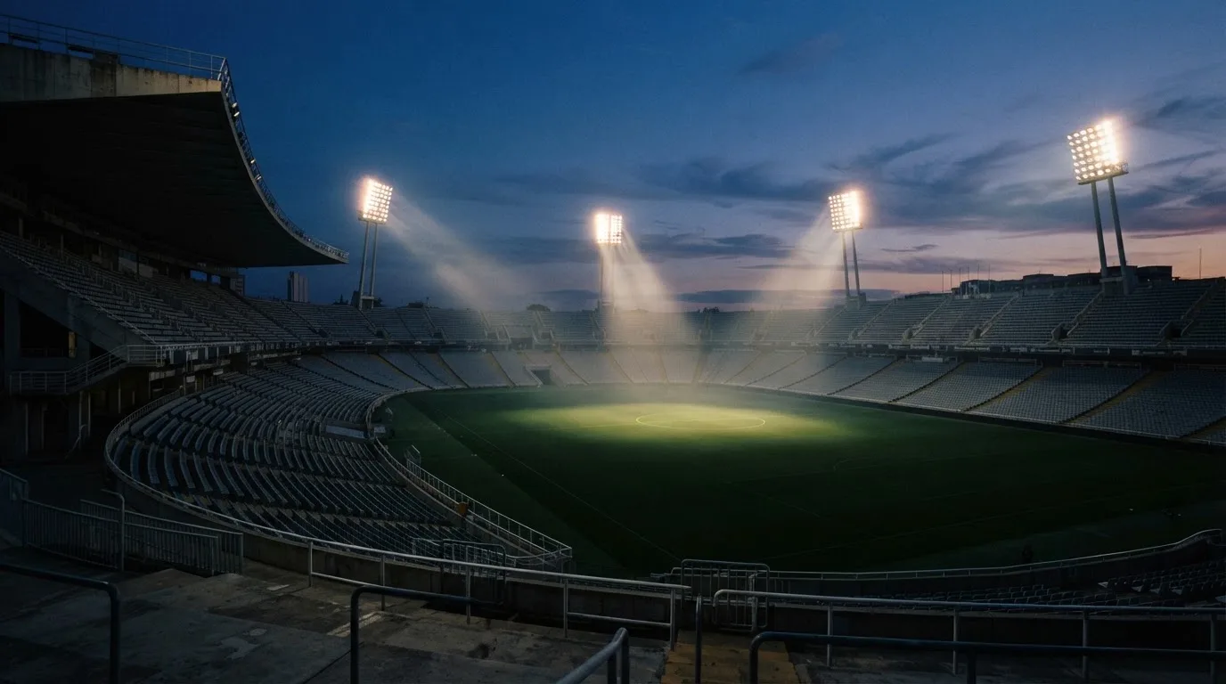 Een leeg voetbalstadion met lichtmasten bij schemering