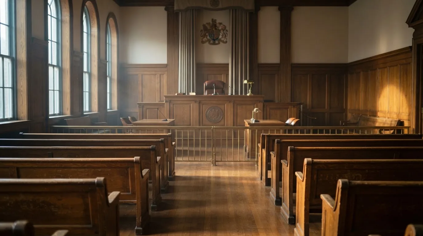 Een lege rechtszaal met houten banken in het ochtendlicht