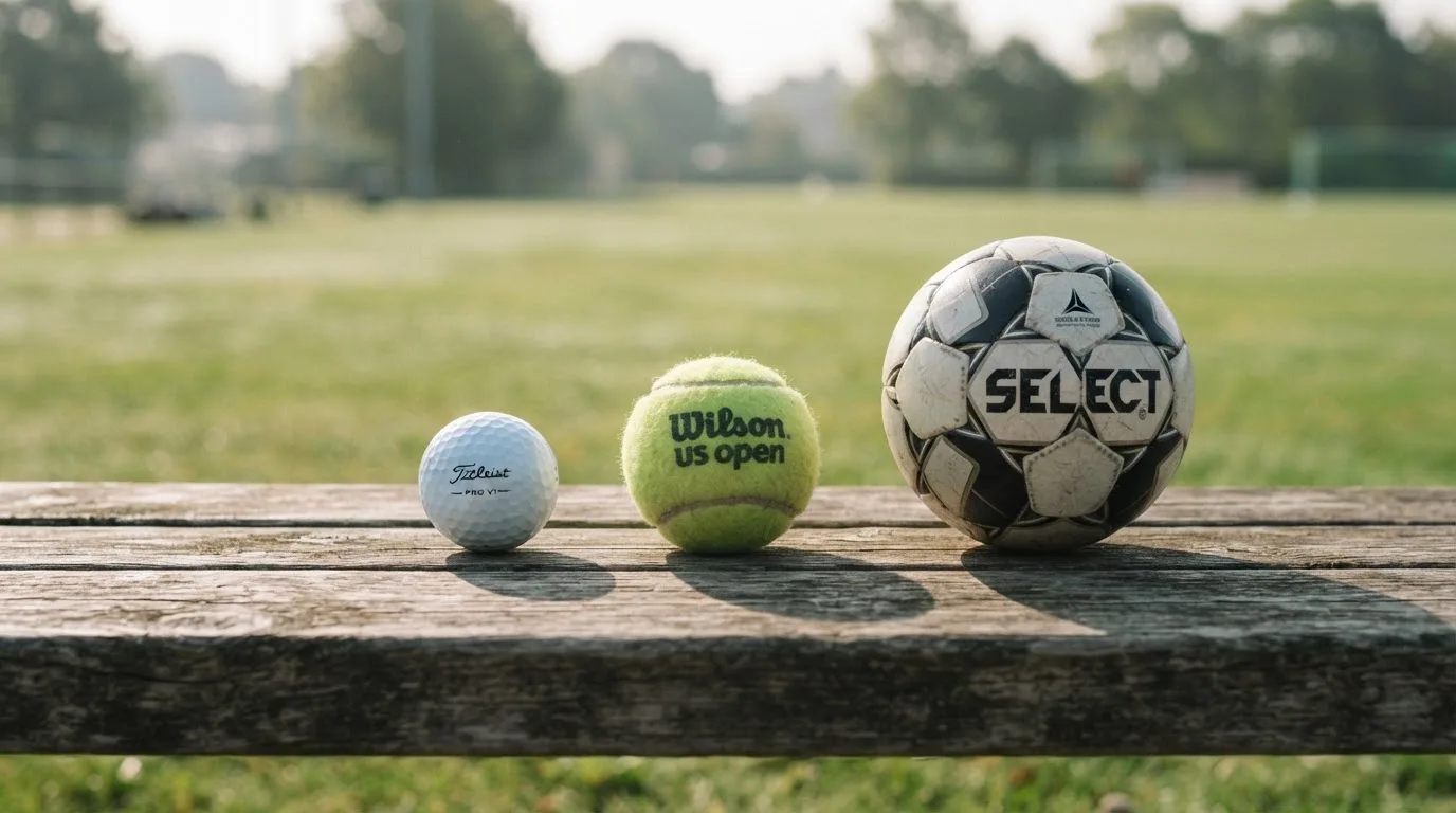 Drie ballen van verschillende soorten naast elkaar op een houten bank