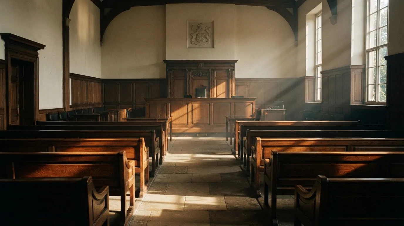 Een lege rechtszaal met houten banken in het ochtendlicht