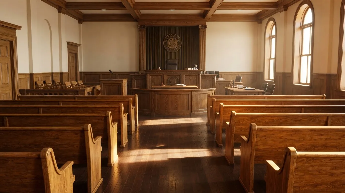 Een lege rechtszaal met houten banken in het ochtendlicht