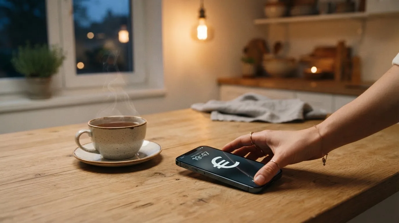 Een hand legt een smartphone naast een kopje thee op een keukentafel, een rustige avond
