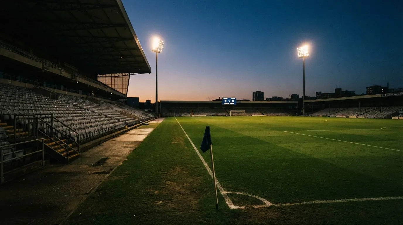 Een leeg voetbalstadion met lichtmasten bij schemering