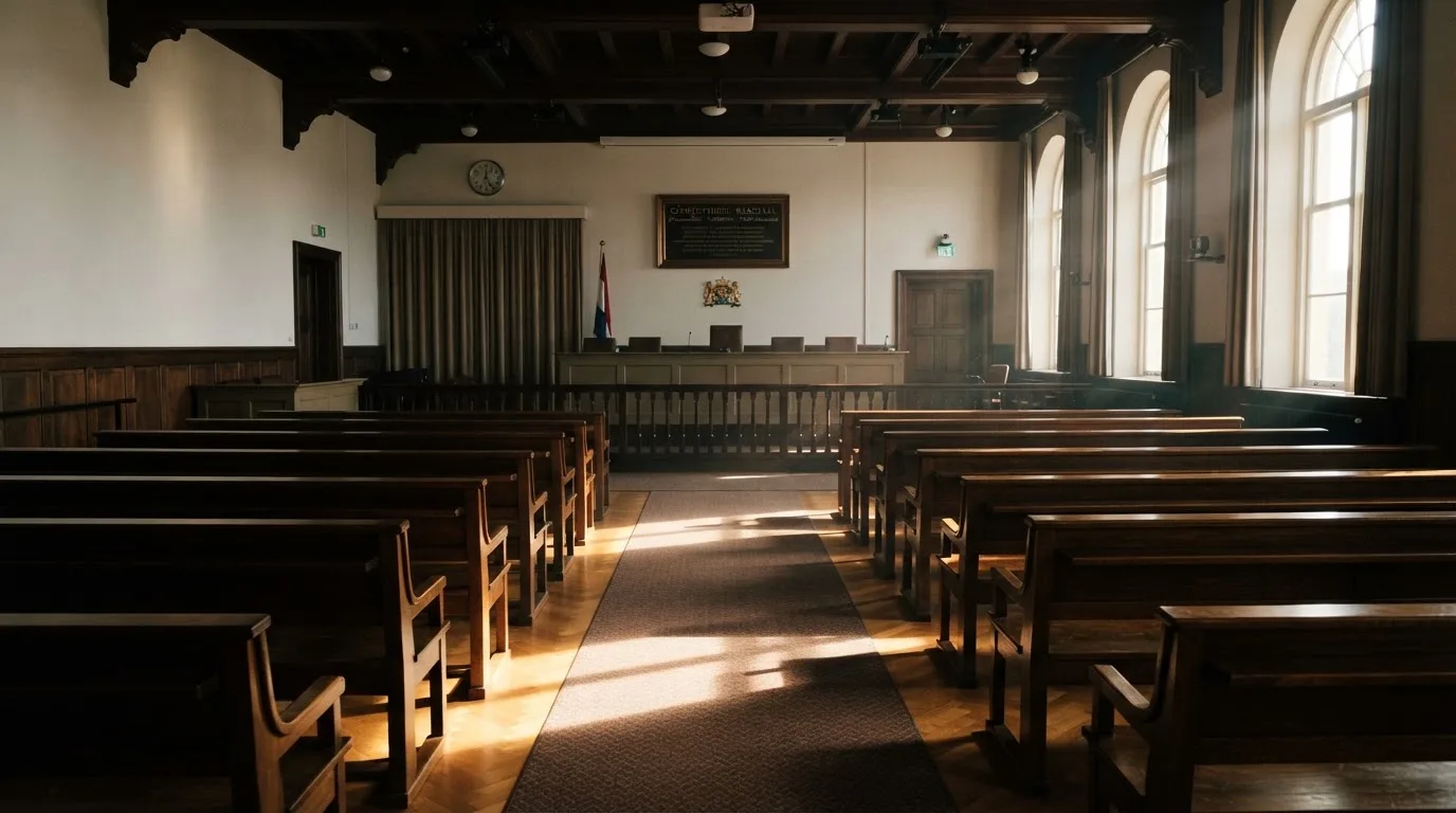 Een lege rechtszaal met houten banken in het ochtendlicht