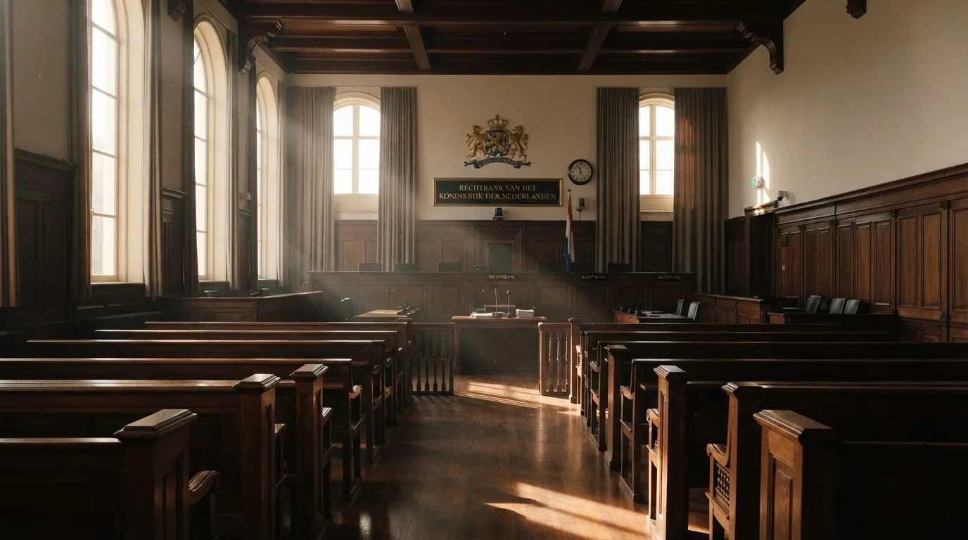 Een lege rechtszaal met houten banken in het ochtendlicht
