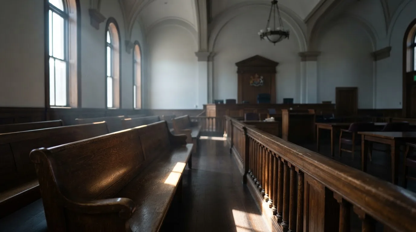 Een lege rechtszaal met houten banken in het ochtendlicht