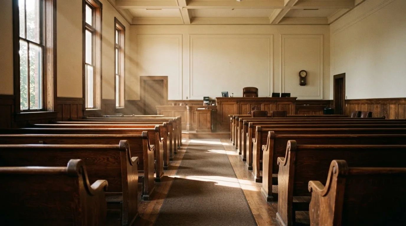 Een lege rechtszaal met houten banken in het ochtendlicht