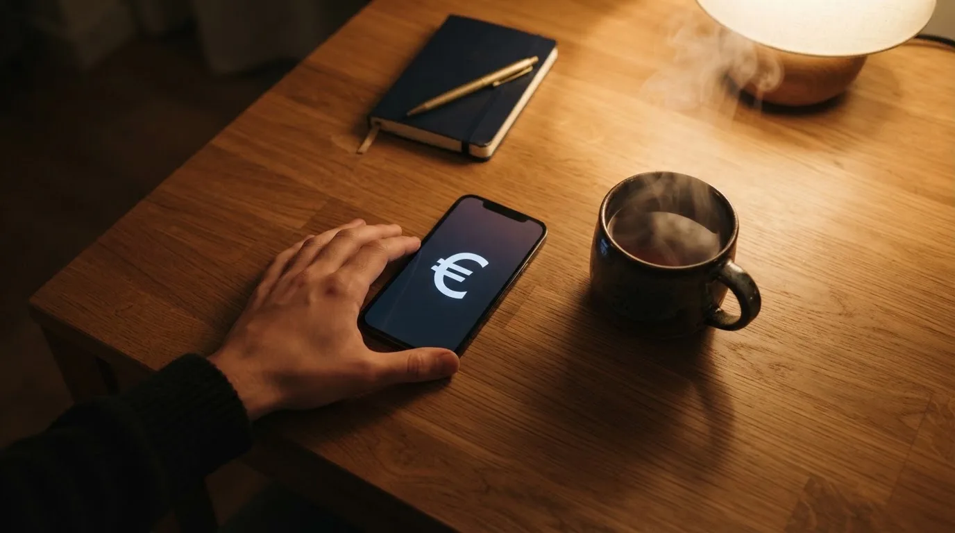 Een hand legt een smartphone naast een kopje thee op een keukentafel, een rustige avond