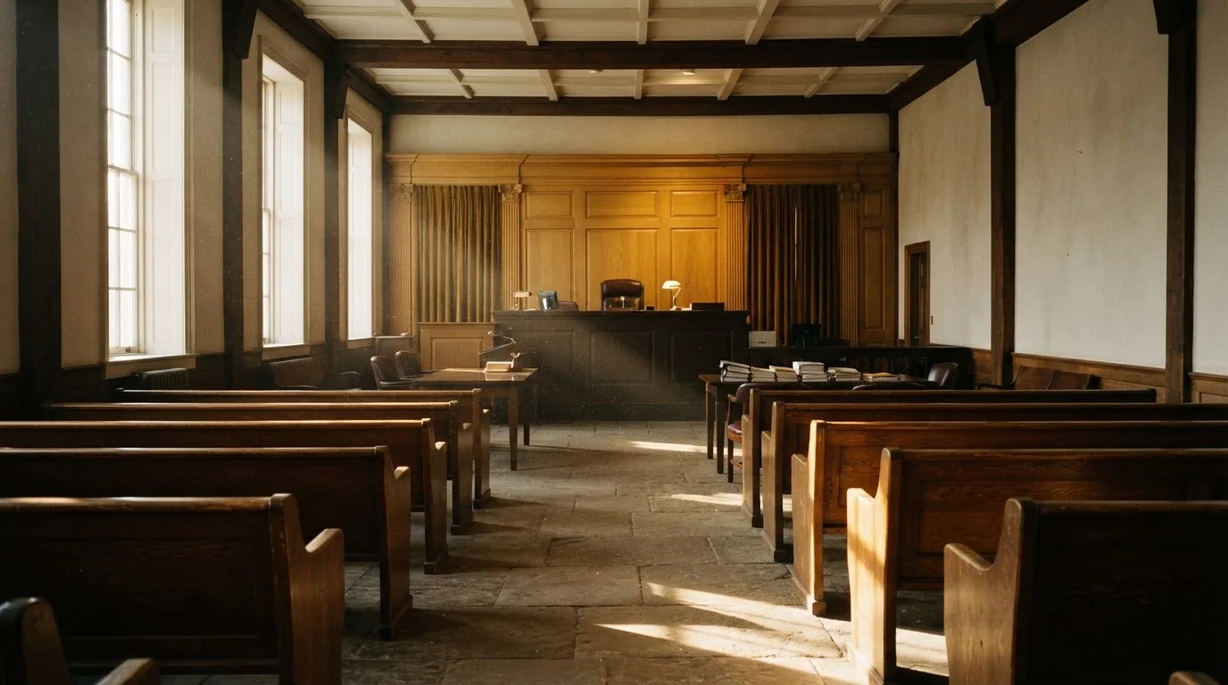 Een lege rechtszaal met houten banken in het ochtendlicht