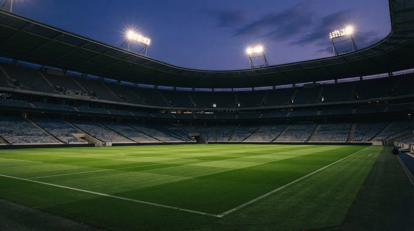 Een leeg voetbalstadion met lichtmasten bij schemering
