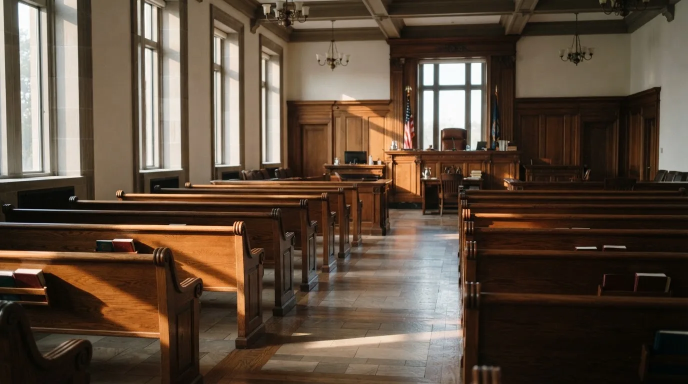 Een lege rechtszaal met houten banken in het ochtendlicht