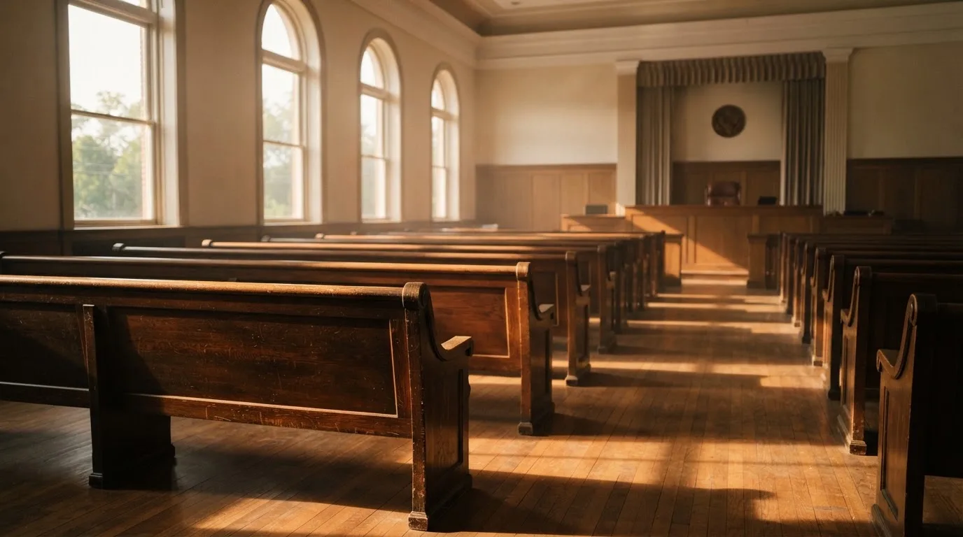 Een lege rechtszaal met houten banken in het ochtendlicht