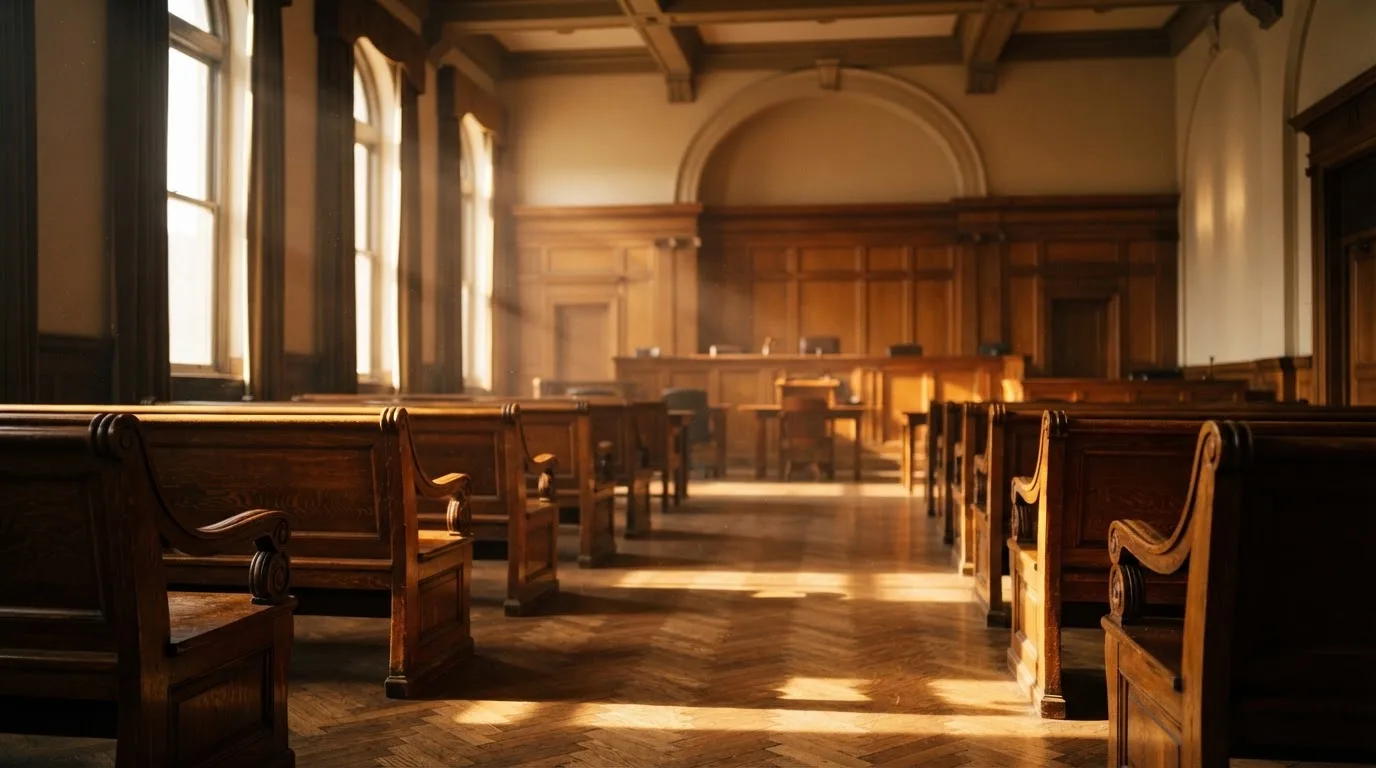 Een lege rechtszaal met houten banken in het ochtendlicht