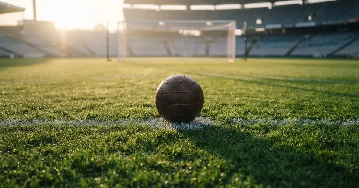 Een voetbal op de middenstip van een grasveld in het ochtendlicht