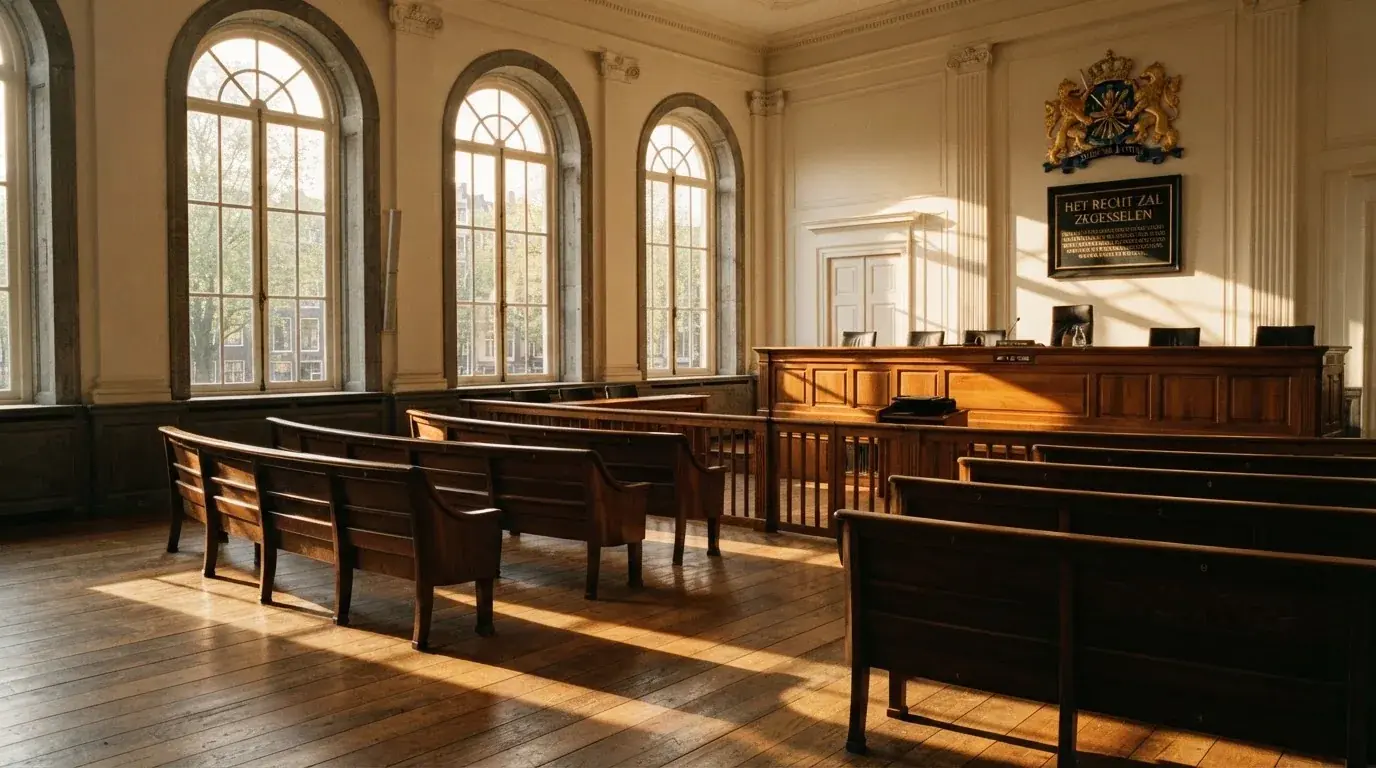Een lege rechtszaal met houten banken in het ochtendlicht