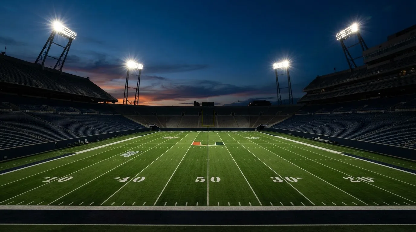 Een leeg voetbalstadion met lichtmasten bij schemering