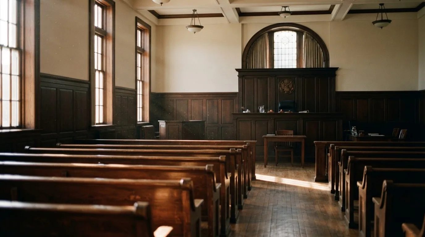 Een lege rechtszaal met houten banken in het ochtendlicht