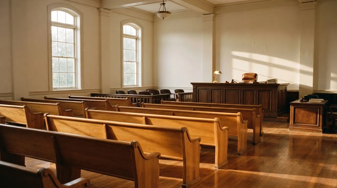 Een lege rechtszaal met houten banken in het ochtendlicht