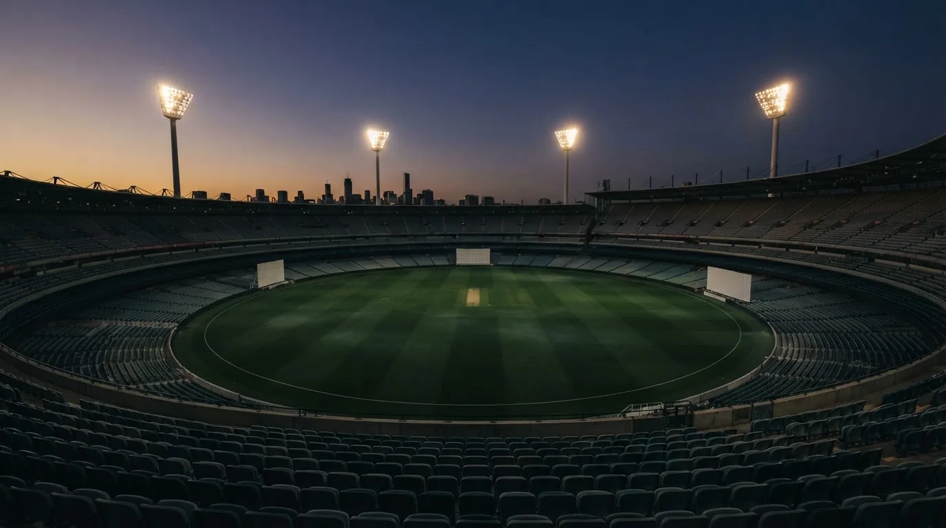 Een leeg voetbalstadion met lichtmasten bij schemering