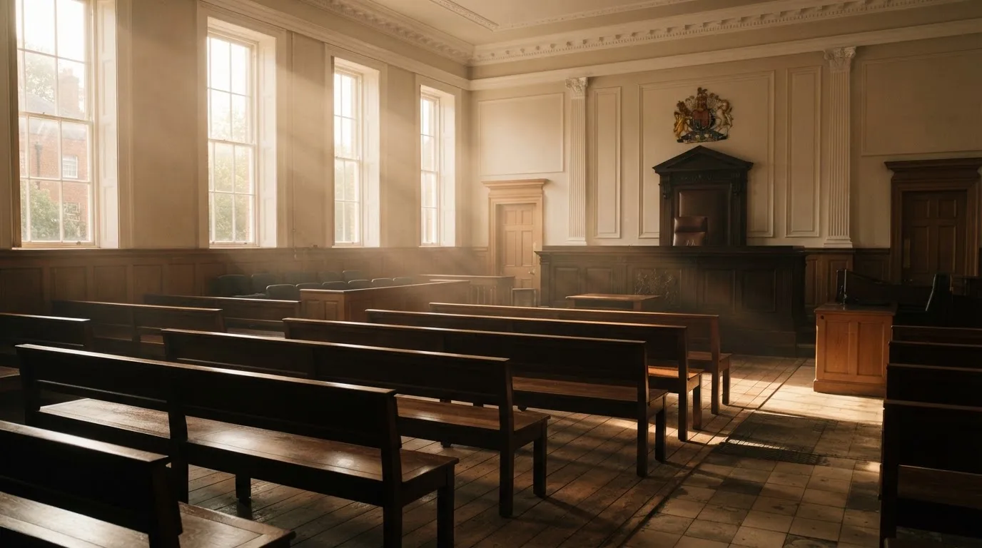 Een lege rechtszaal met houten banken in het ochtendlicht