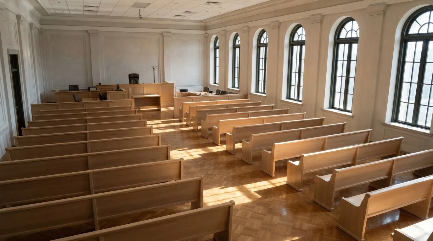Een lege rechtszaal met houten banken in het ochtendlicht