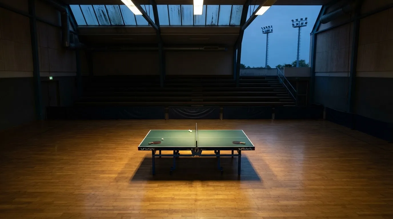 Een leeg voetbalstadion met lichtmasten bij schemering